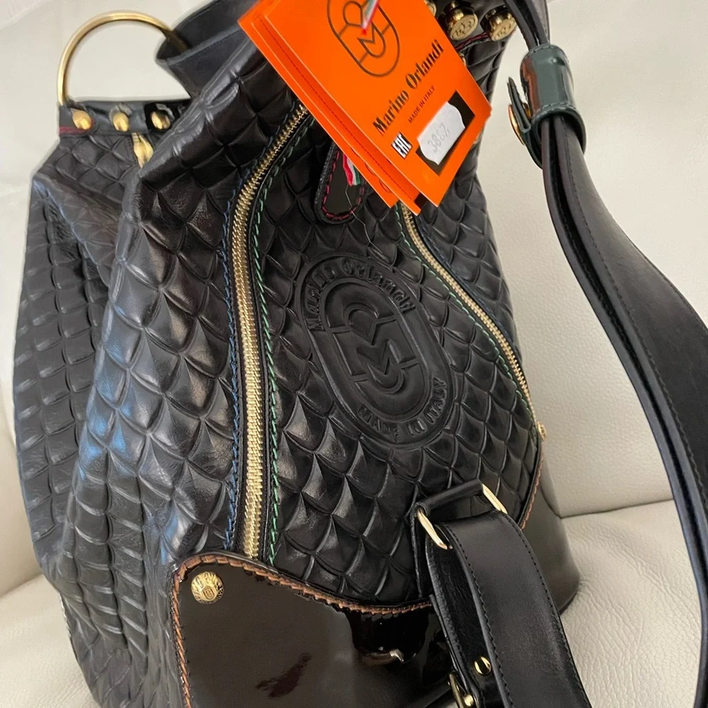 MARINO ORLANDI Italy XL BLACK ShoulderBag/Tote converts to Sling Emboss Leather - Picture 3 of 15